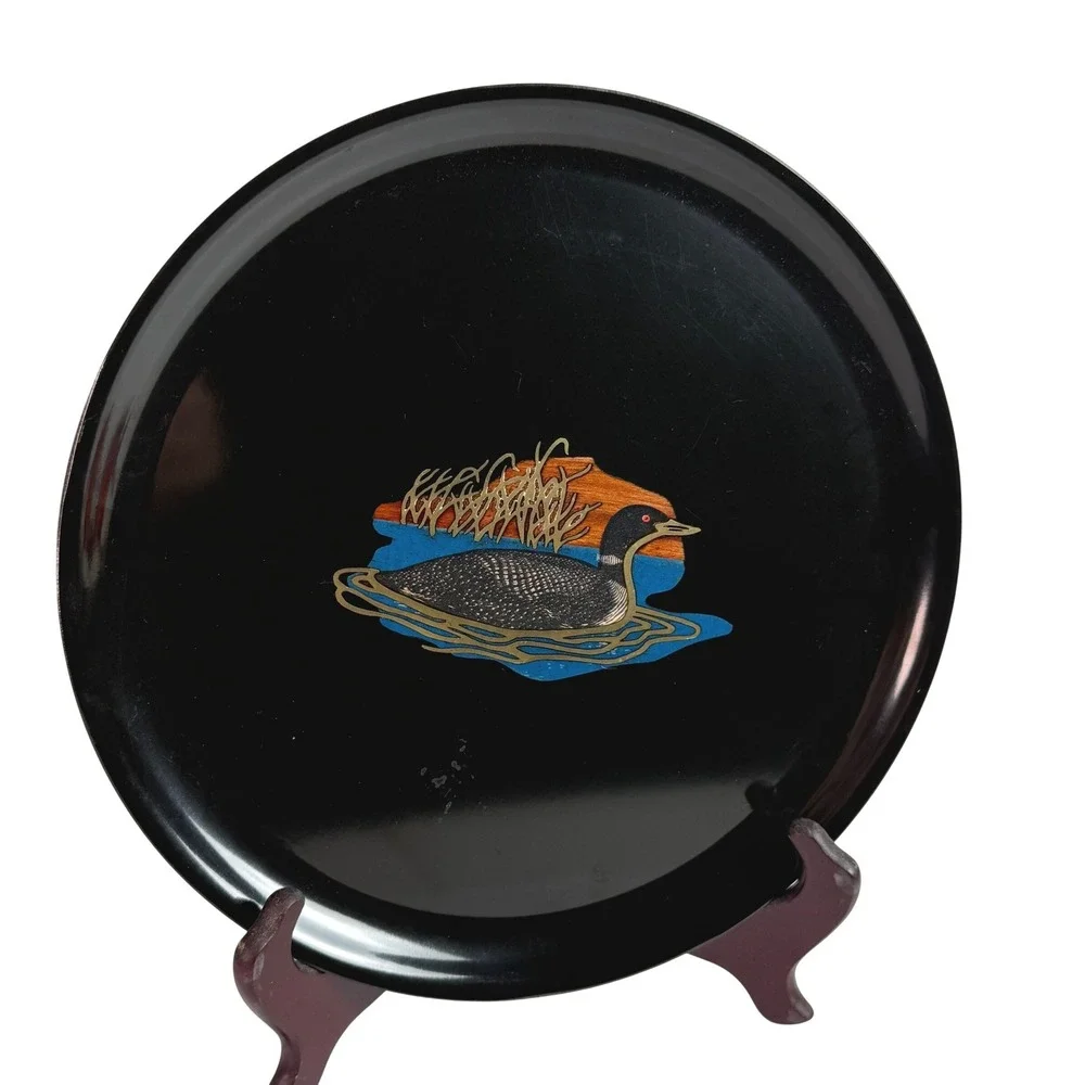 Couroc of Monterey Mallard Duck Round Tray 10.5 Inch MCM California Black Resin